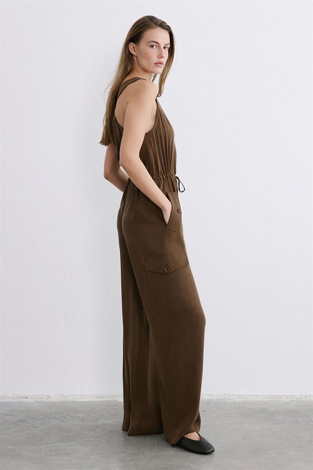 Kalın Askılı Geniş Paça Kahve Tulum