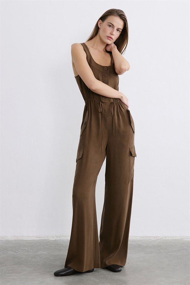 Kalın Askılı Geniş Paça Kahve Tulum