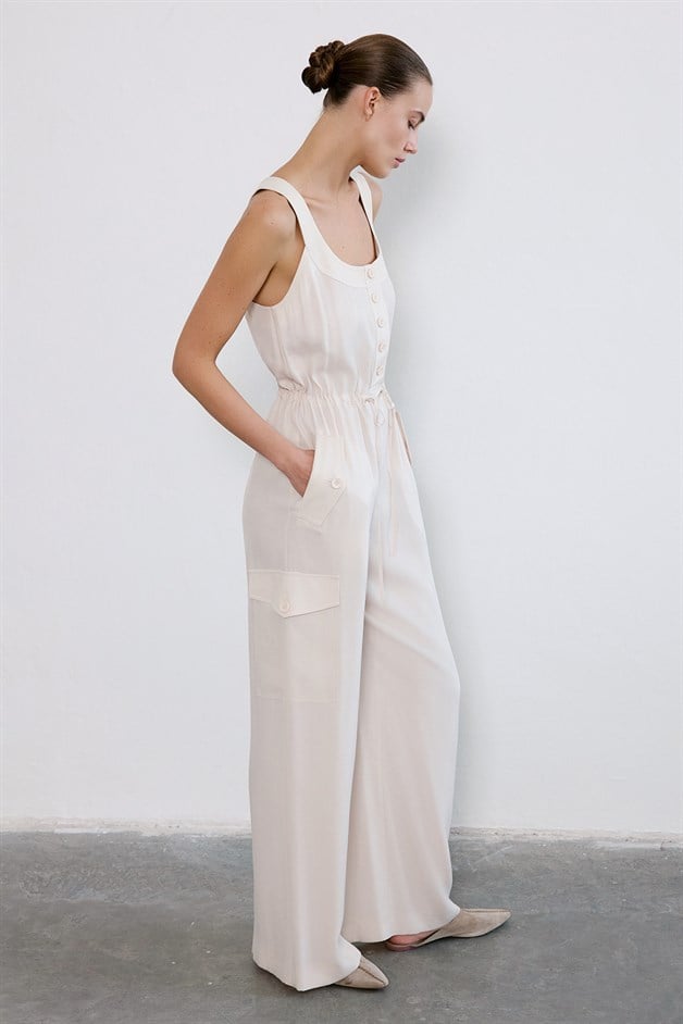 Thick Strap Wide Leg Beige Jumpsuit