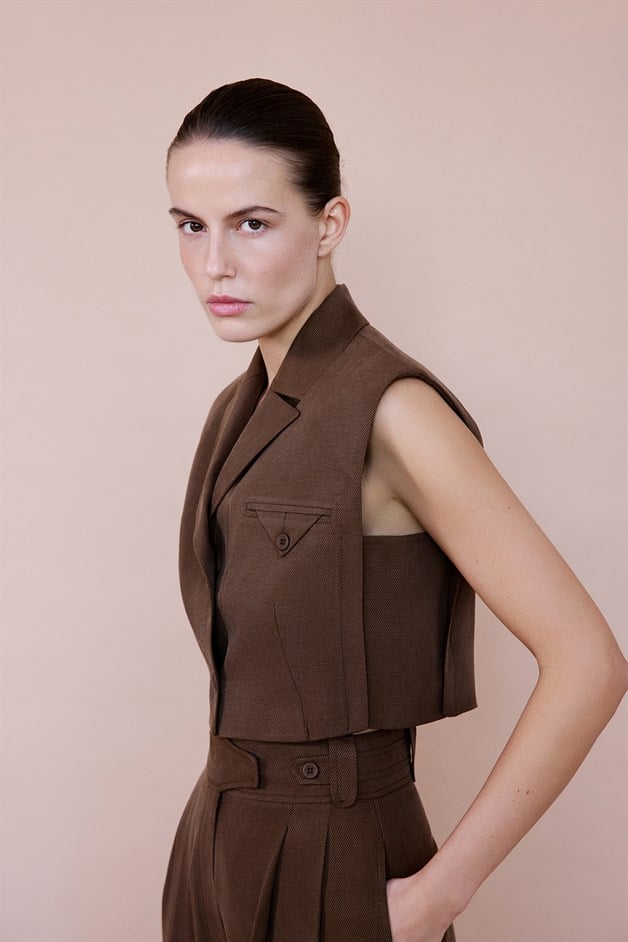 Blazer Collar Padded Crop Brown Vest