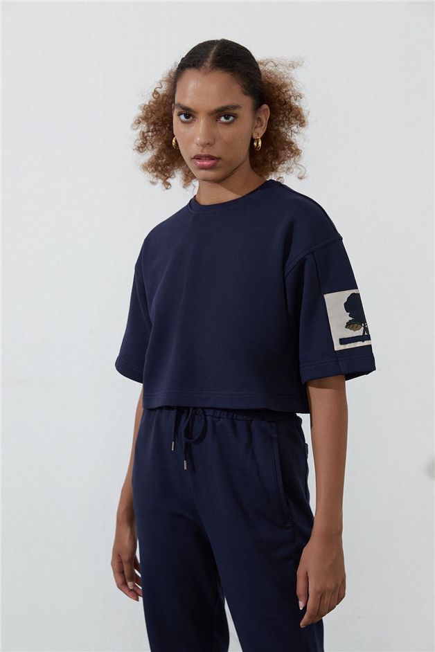 Lacivert Geniş Kesim Crop T-Shirt