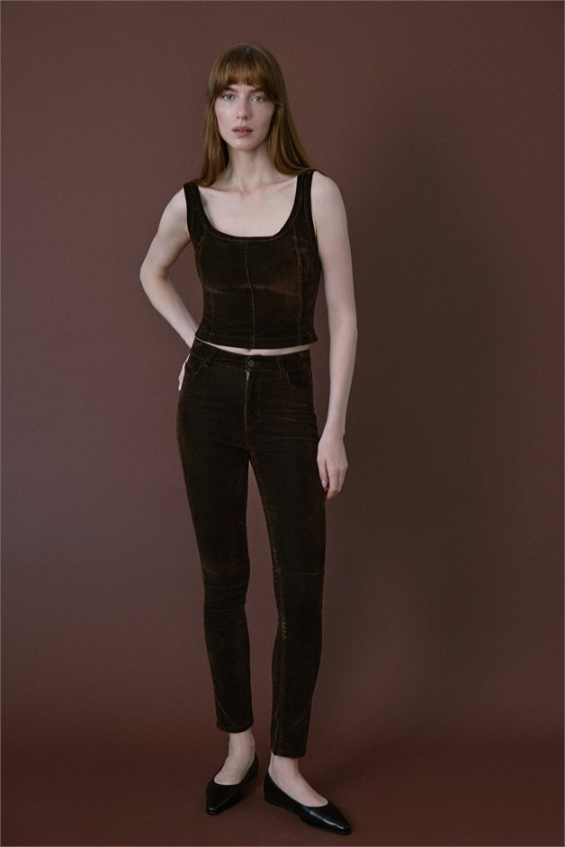 Normal Bel Dokulu Skinny Kahve Pantolon