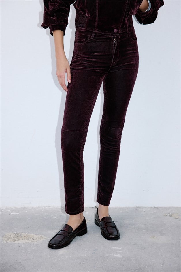 Normal Bel Dokulu Skinny Bordo Pantolon