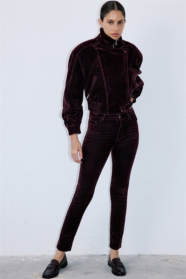 Normal Bel Dokulu Skinny Bordo Pantolon