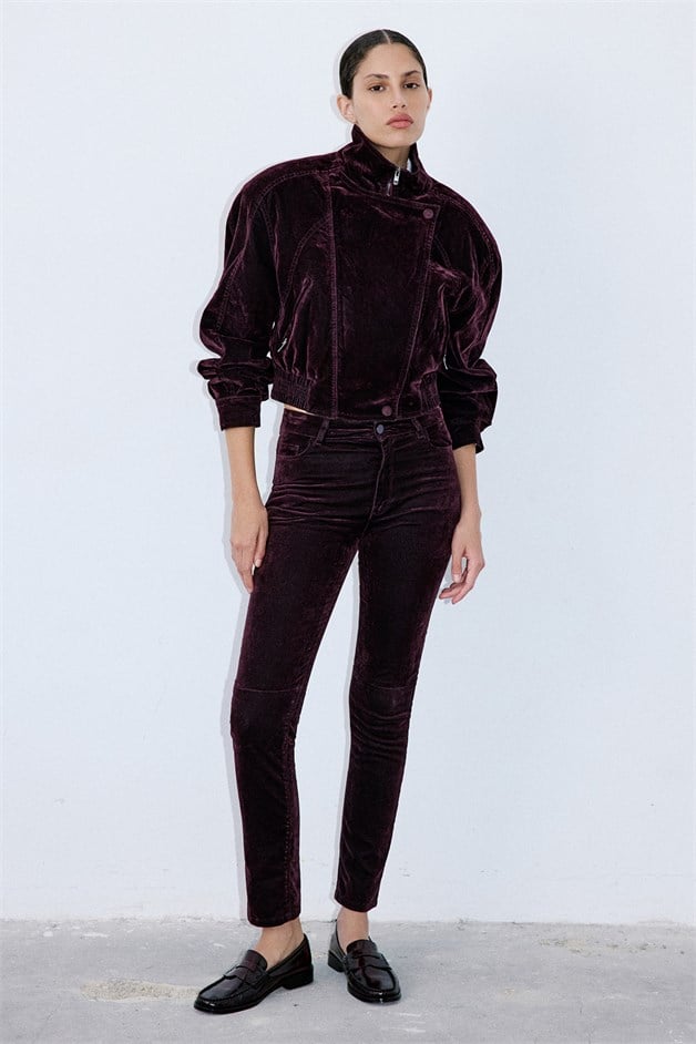 Normal Bel Dokulu Skinny Bordo Pantolon