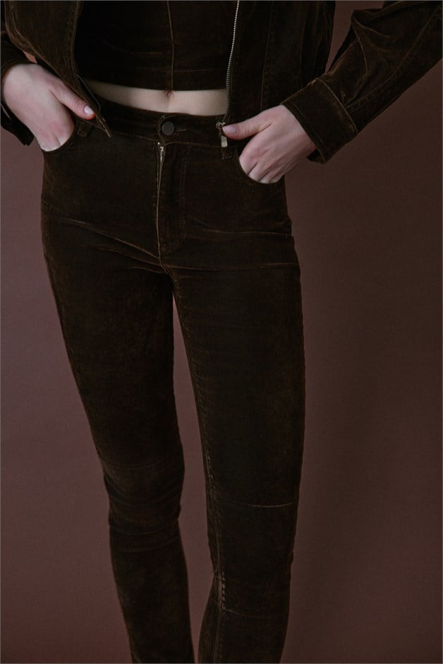 Normal Bel Dokulu Skinny Kahve Pantolon