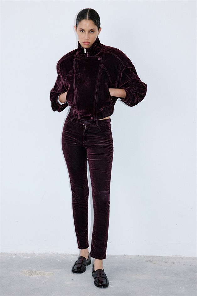 Normal Bel Dokulu Skinny Bordo Pantolon