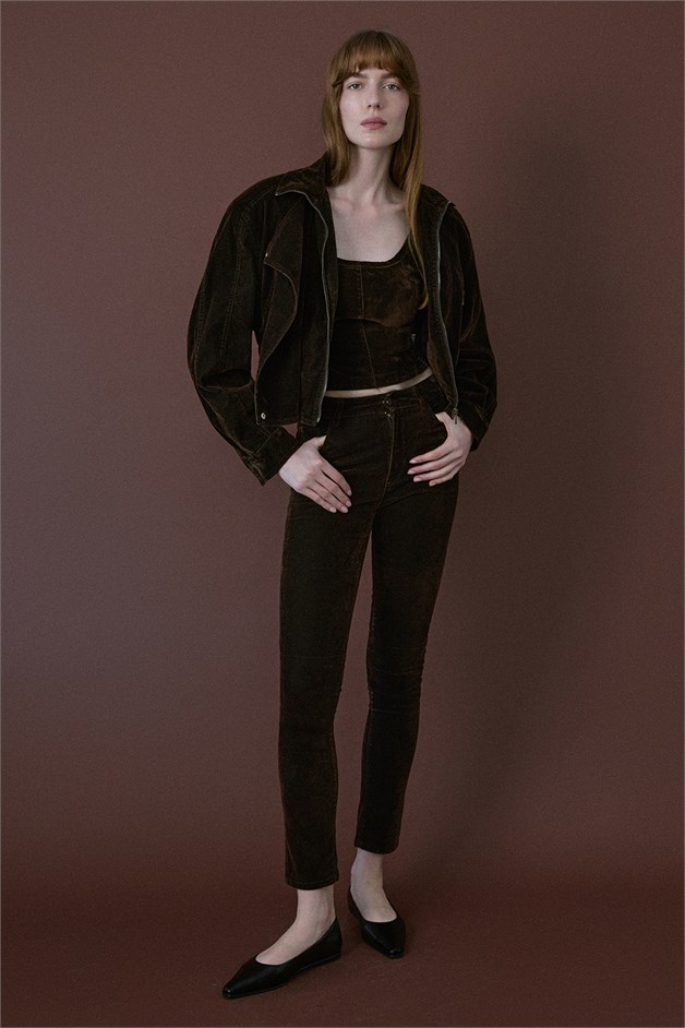Normal Bel Dokulu Skinny Kahve Pantolon