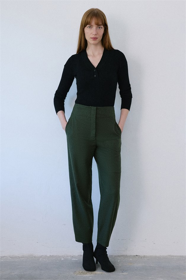 High Waist Wool Textured Khaki Trousers