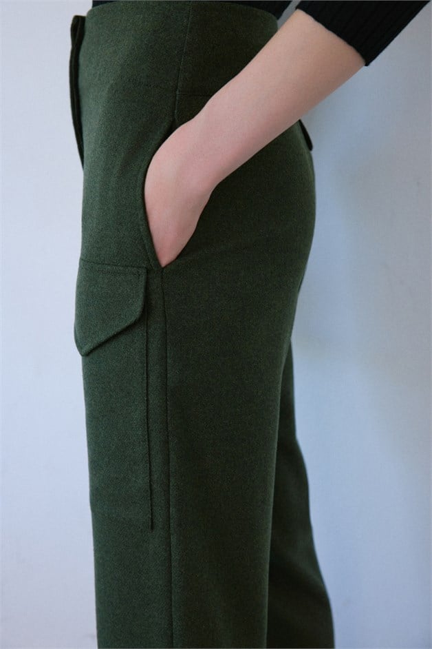 High Waist Wool Textured Khaki Trousers