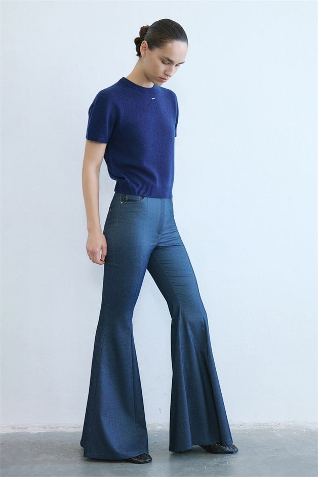 Yüksek Bel İspanyol Paça Denim Lacivert Pantolon