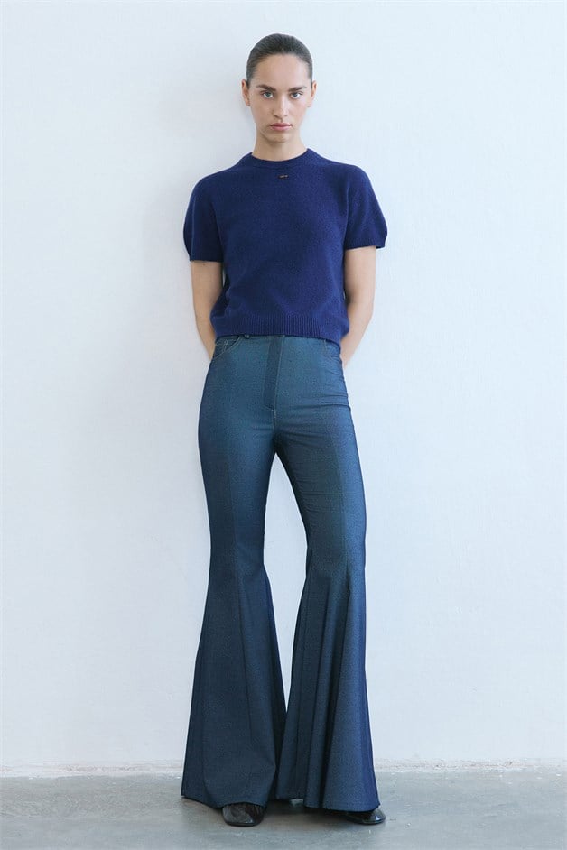 Yüksek Bel İspanyol Paça Denim Lacivert Pantolon
