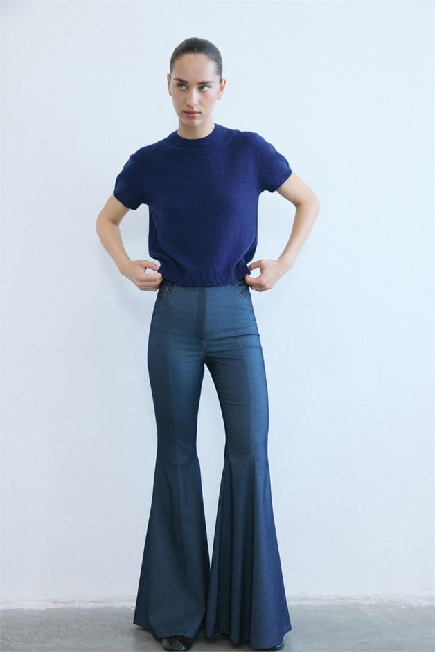 Yüksek Bel İspanyol Paça Denim Lacivert Pantolon