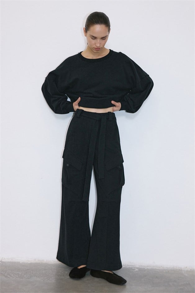 High Waist Pleated Wide Leg Knit Black Trousers