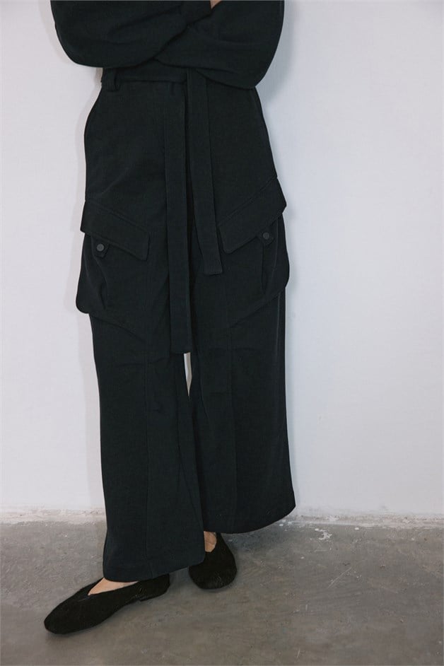 High Waist Pleated Wide Leg Knit Black Trousers