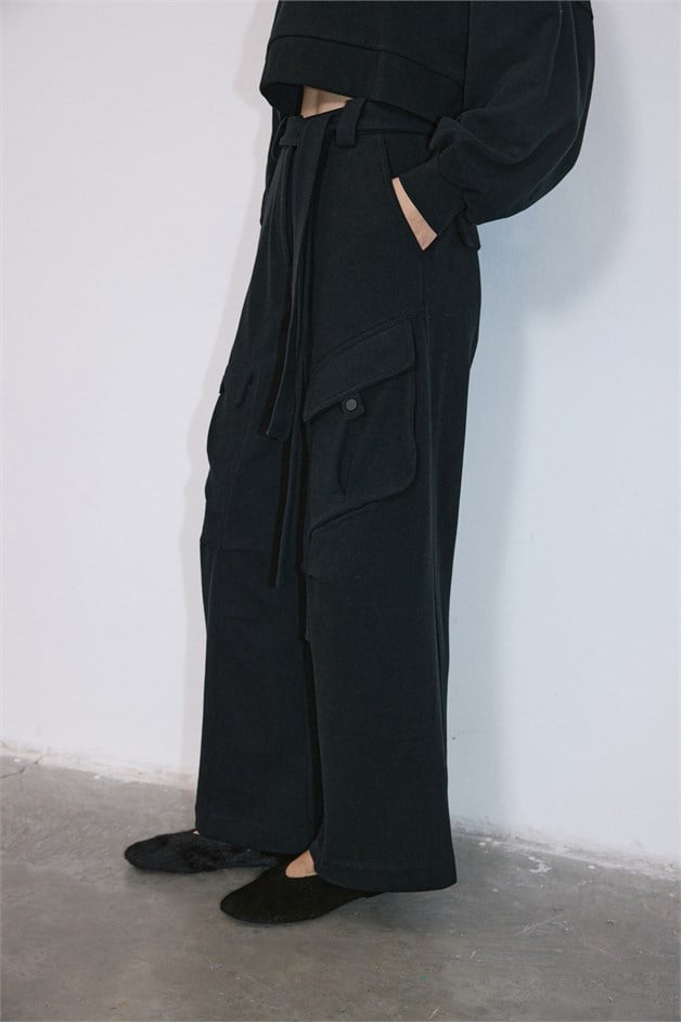 High Waist Pleated Wide Leg Knit Black Trousers