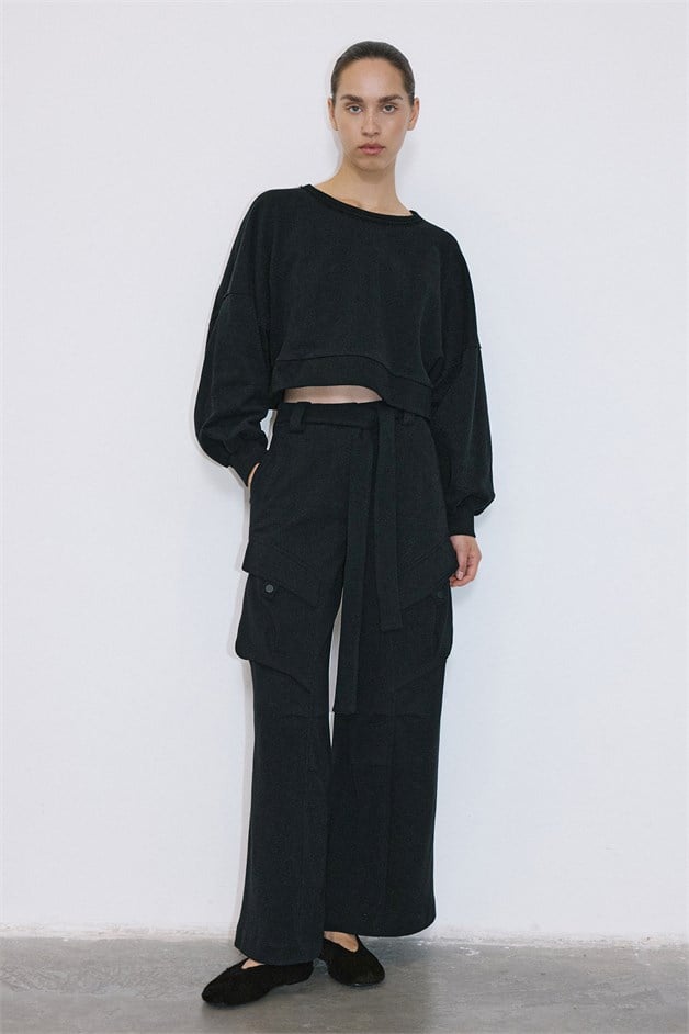 High Waist Pleated Wide Leg Knit Black Trousers