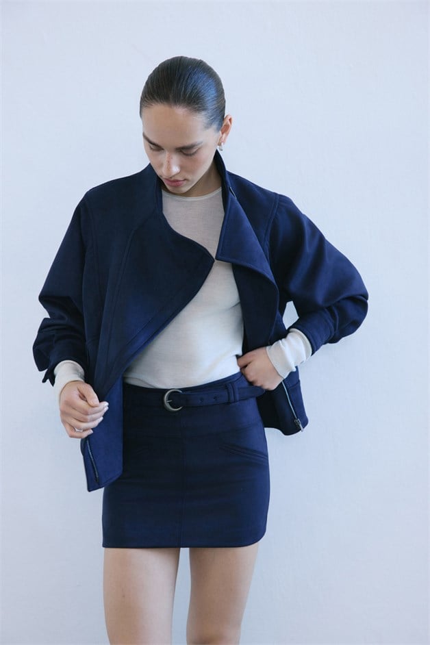 High Waist Faux Suede Mini Navy Skirt