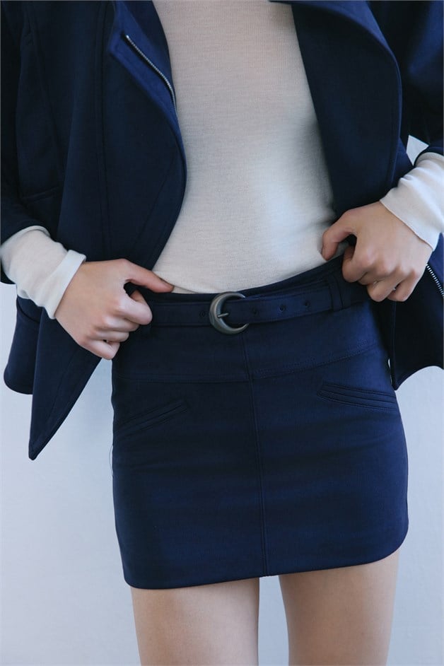 High Waist Faux Suede Mini Navy Skirt