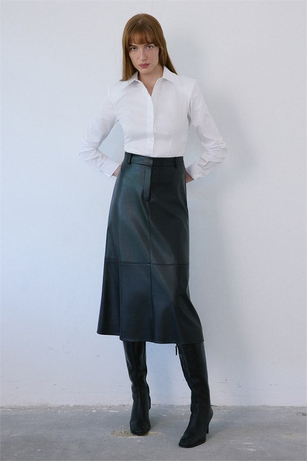High Waist Faux Leather Midi Black Skirt
