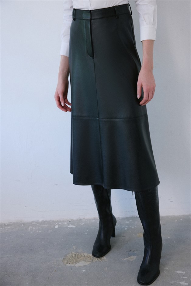 High Waist Faux Leather Midi Black Skirt