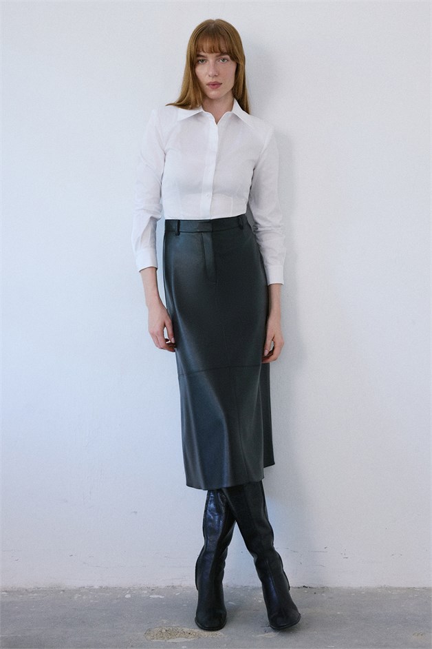 High Waist Faux Leather Midi Black Skirt