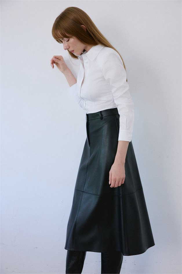 High Waist Faux Leather Midi Black Skirt