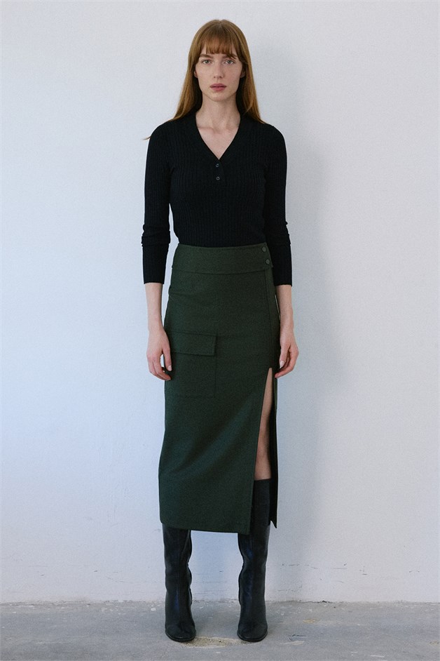High Waist Cargo Pocket Midi Khaki Skirt