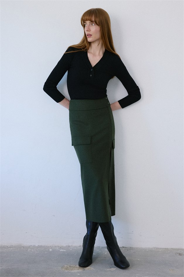 High Waist Cargo Pocket Midi Khaki Skirt