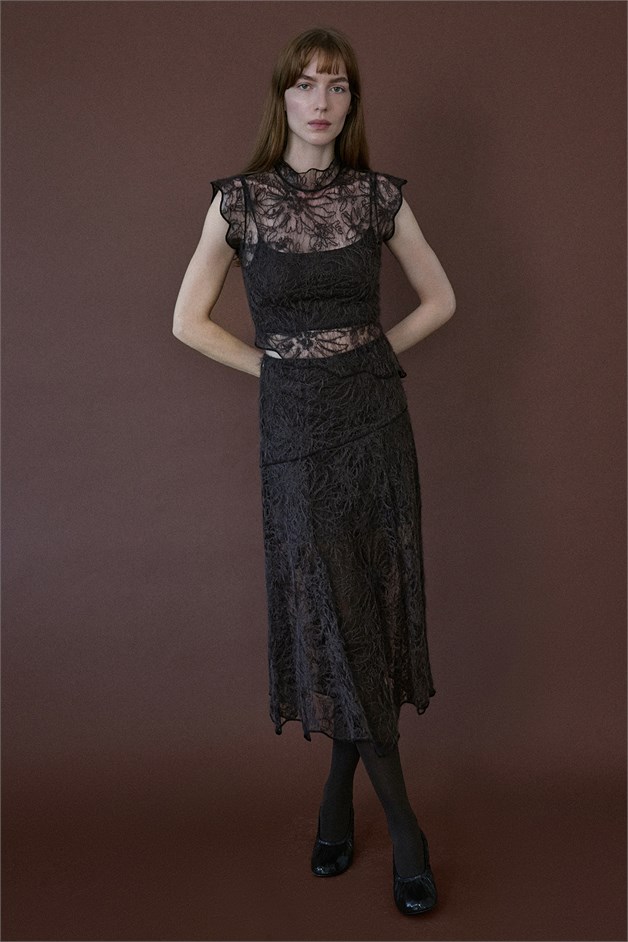 High Waist Lace Midi Brown Skirt