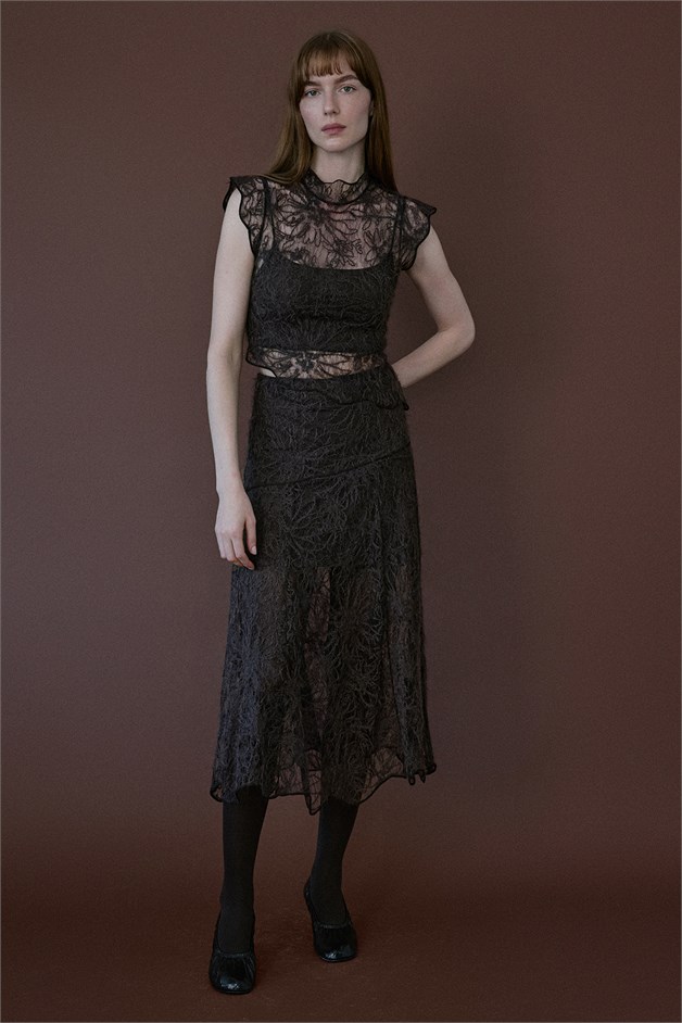 High Waist Lace Midi Brown Skirt