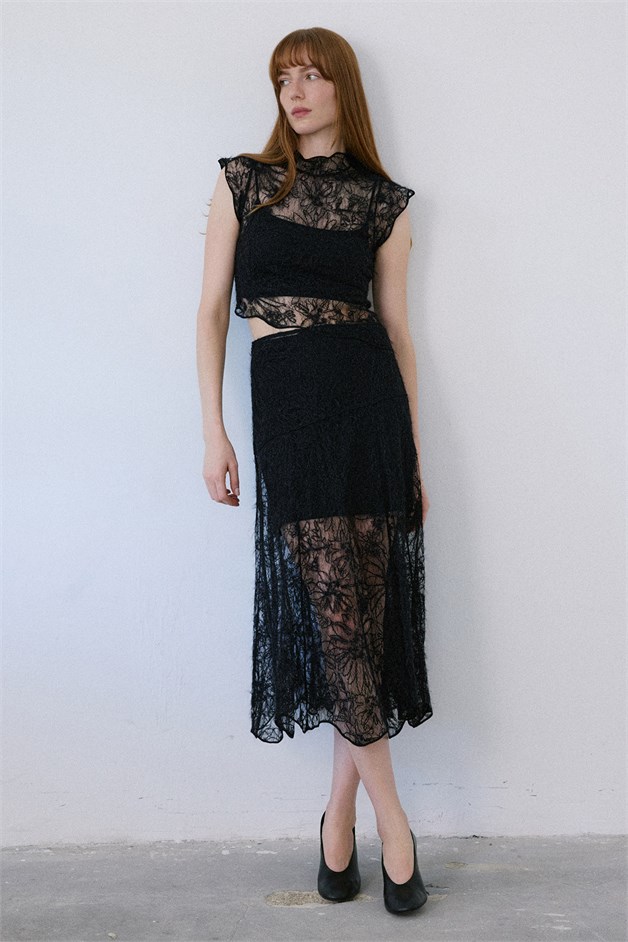 High Waist Lace Midi Black Skirt