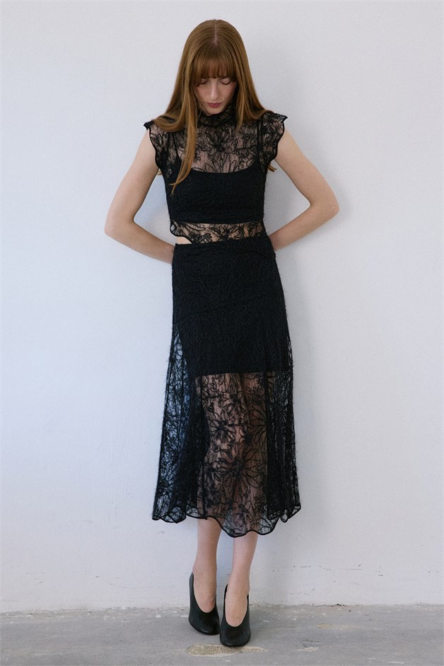 High Waist Lace Midi Black Skirt