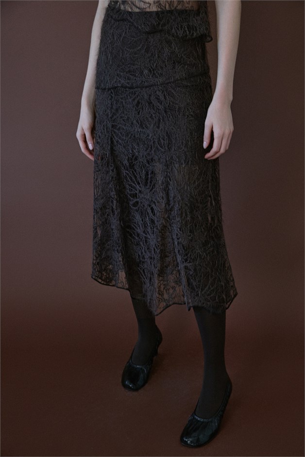 High Waist Lace Midi Brown Skirt