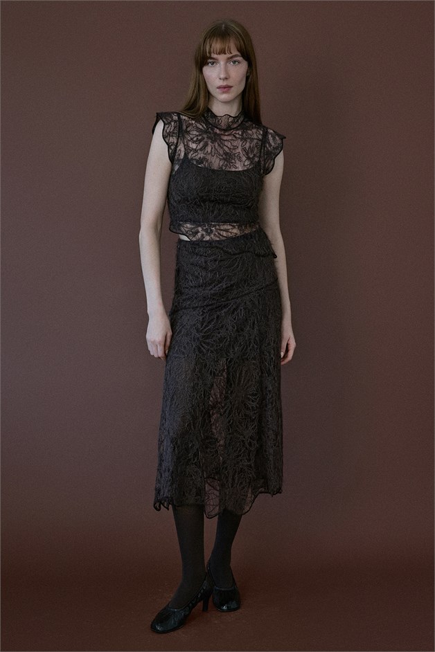 High Waist Lace Midi Brown Skirt