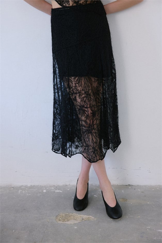 High Waist Lace Midi Black Skirt
