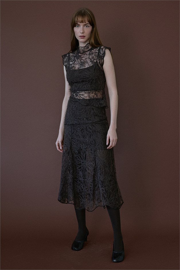 High Waist Lace Midi Brown Skirt