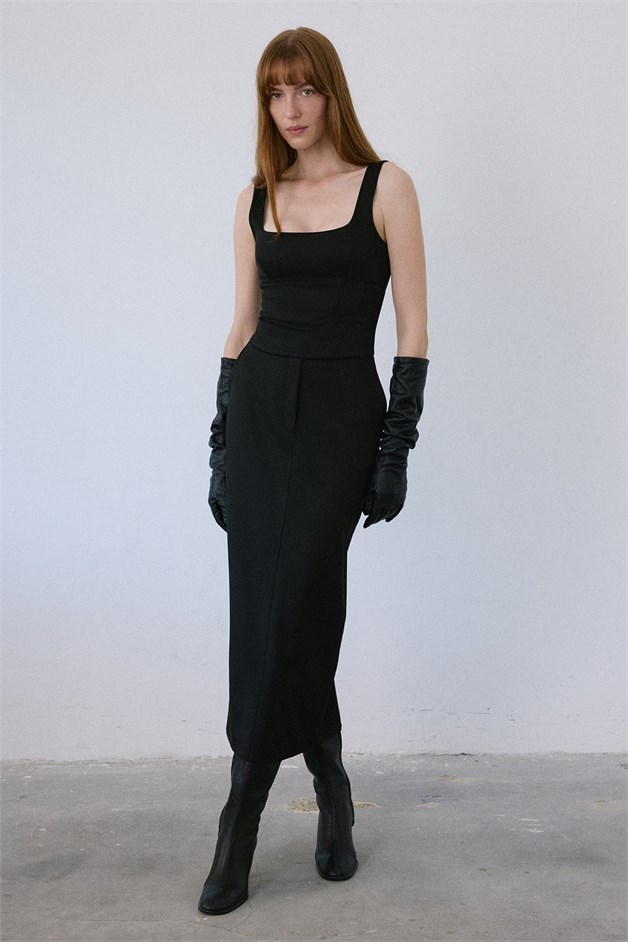 High Waist Deep Slit Midi Black Skirt