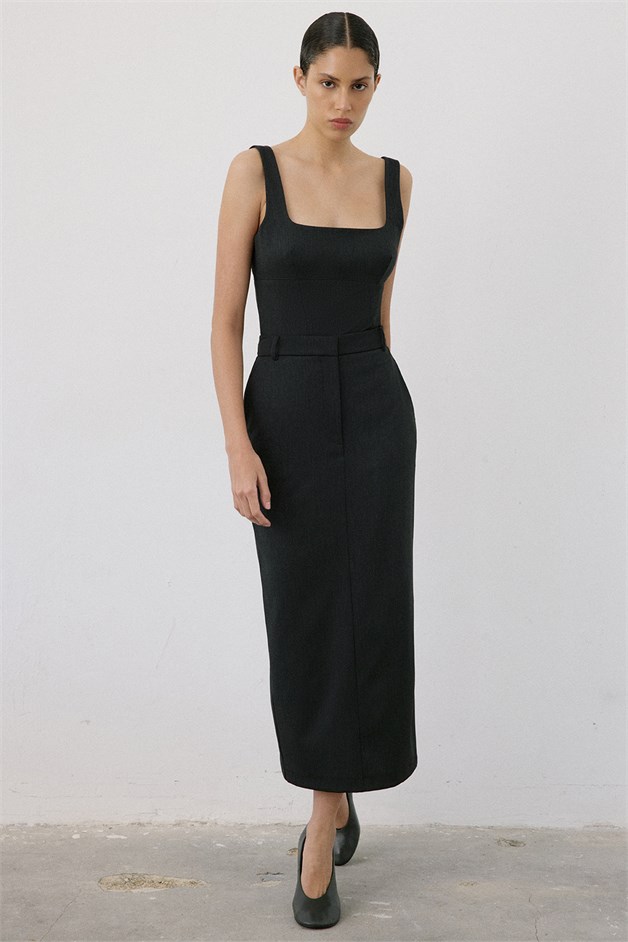 High Waist Deep Slit Midi Anthracite Skirt