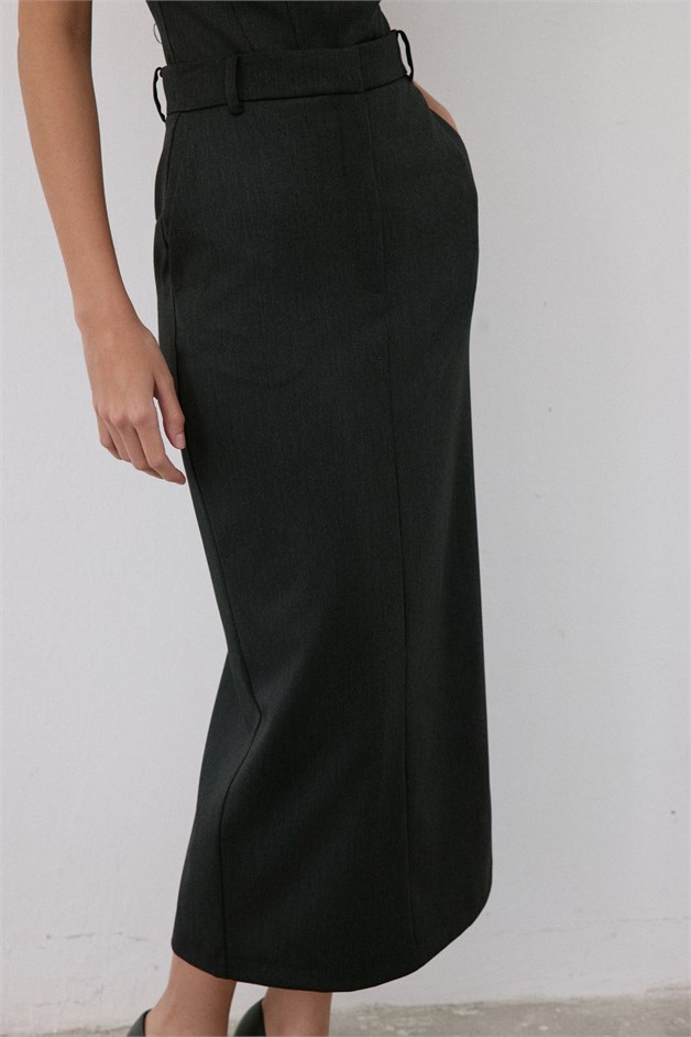 High Waist Deep Slit Midi Anthracite Skirt