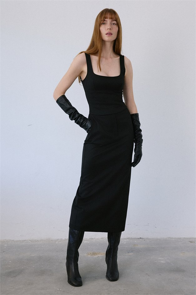 High Waist Deep Slit Midi Black Skirt