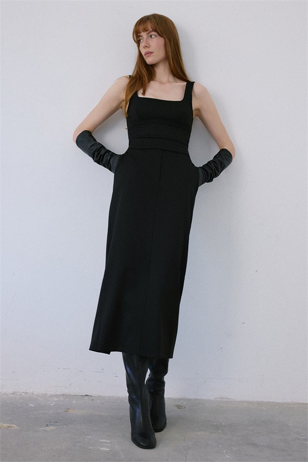 High Waist Deep Slit Midi Black Skirt