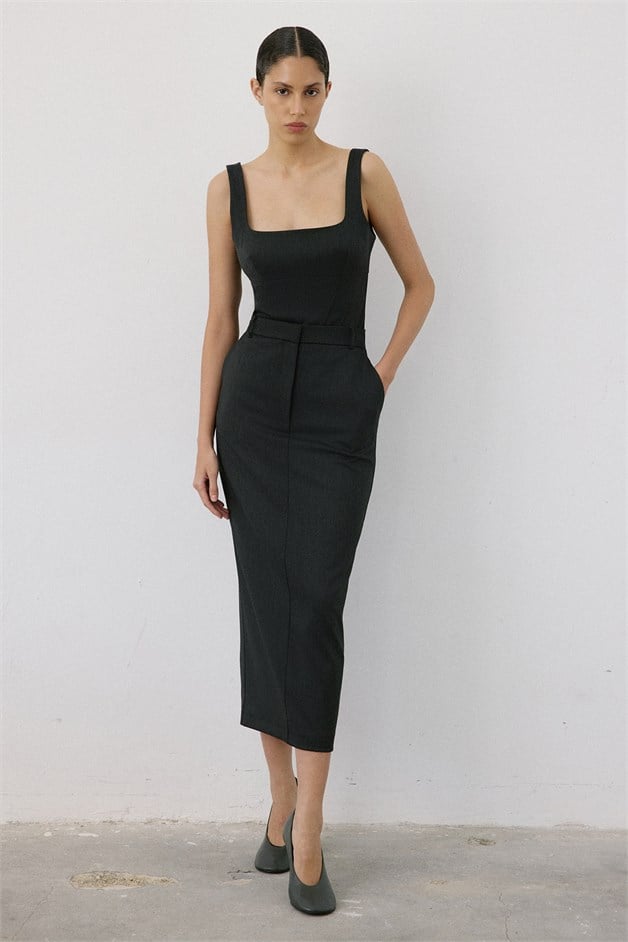 High Waist Deep Slit Midi Anthracite Skirt