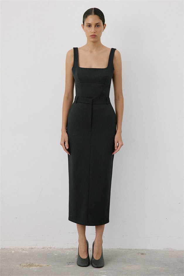 High Waist Deep Slit Midi Anthracite Skirt