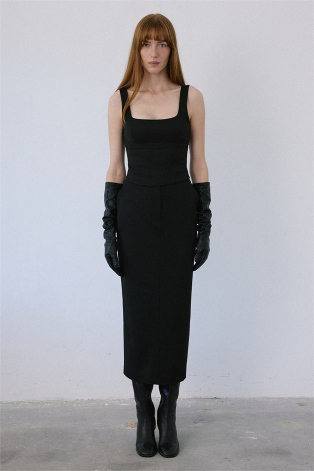 High Waist Deep Slit Midi Black Skirt