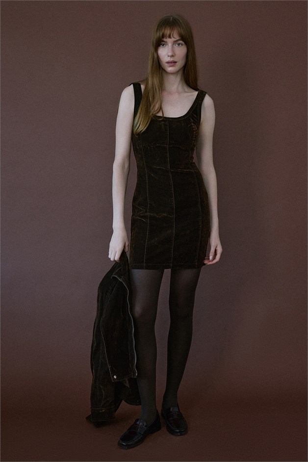 Square Neck Velvet Mini Brown Dress