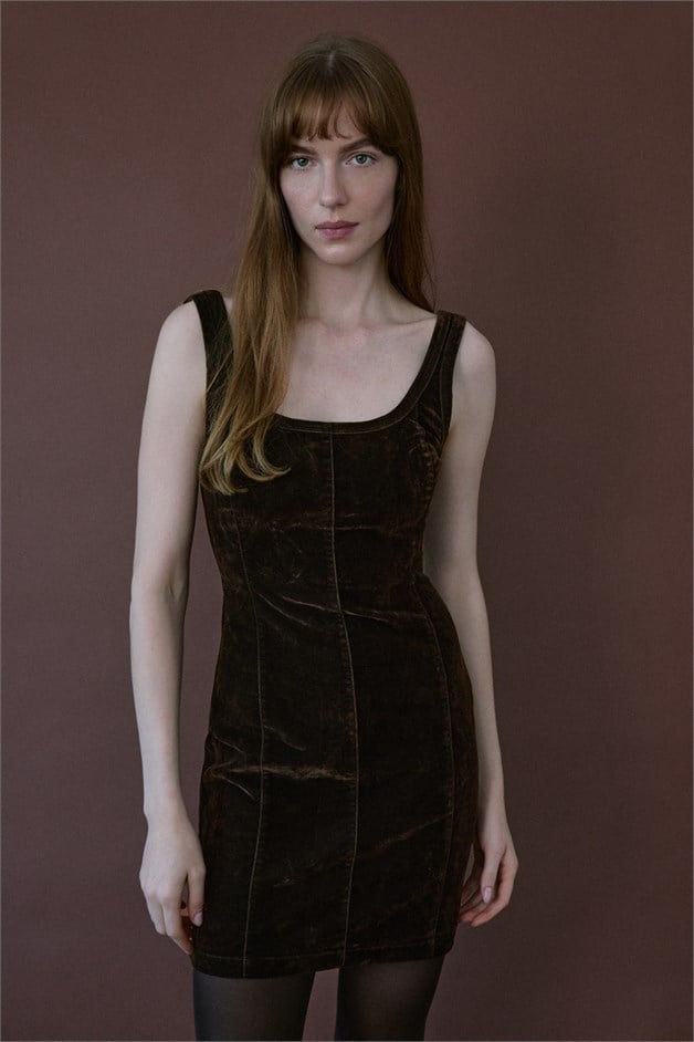 Square Neck Velvet Mini Brown Dress