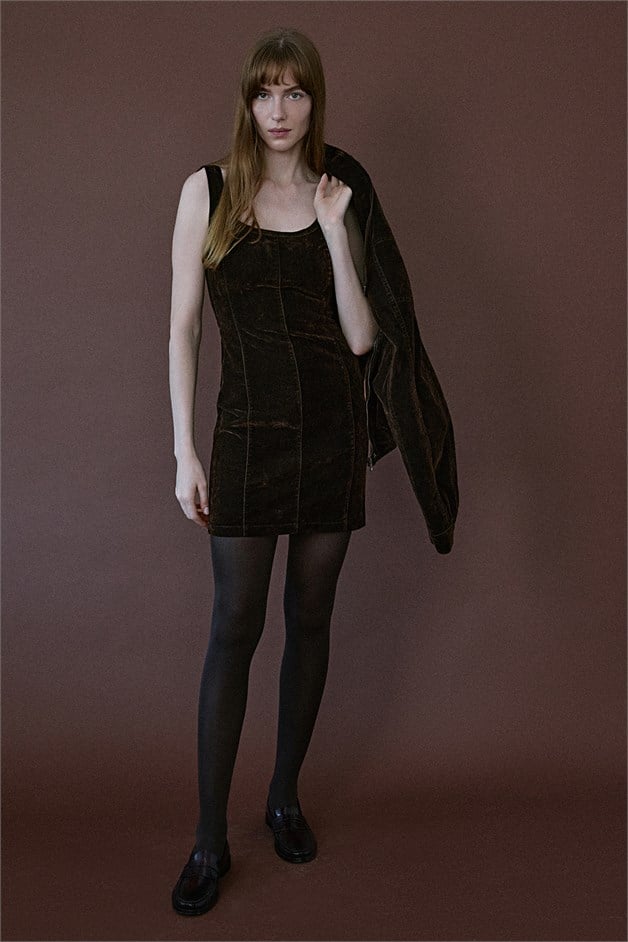 Square Neck Velvet Mini Brown Dress