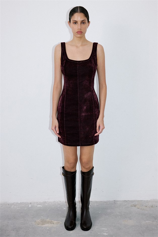 Kare Yaka Kadife Mini Bordo Elbise