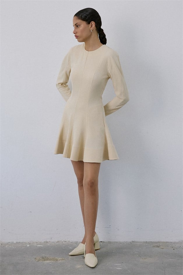 Crew Neck Long Sleeve Mini Beige Dress